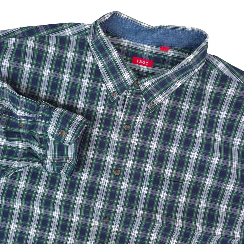 IZOD Button Down Shirt Mens 3XL Green Blue Plaid Long Sleeve Classic Fit